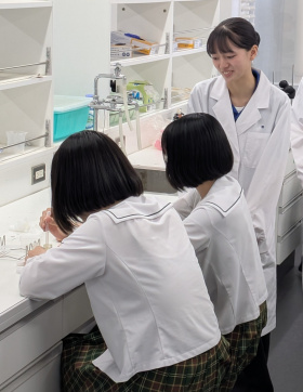 環境食品応用化学科の学生スタッフがオープンキャンパス参加者に体験実験を説明する様子